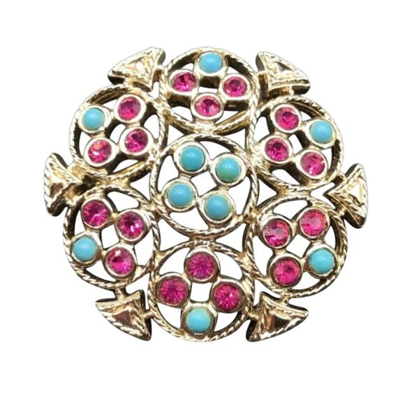 Vintage Sarah Coventry Gold Brooch with Turquoise & Pink Rhinestones Signed Pin - Picture 4 of 6